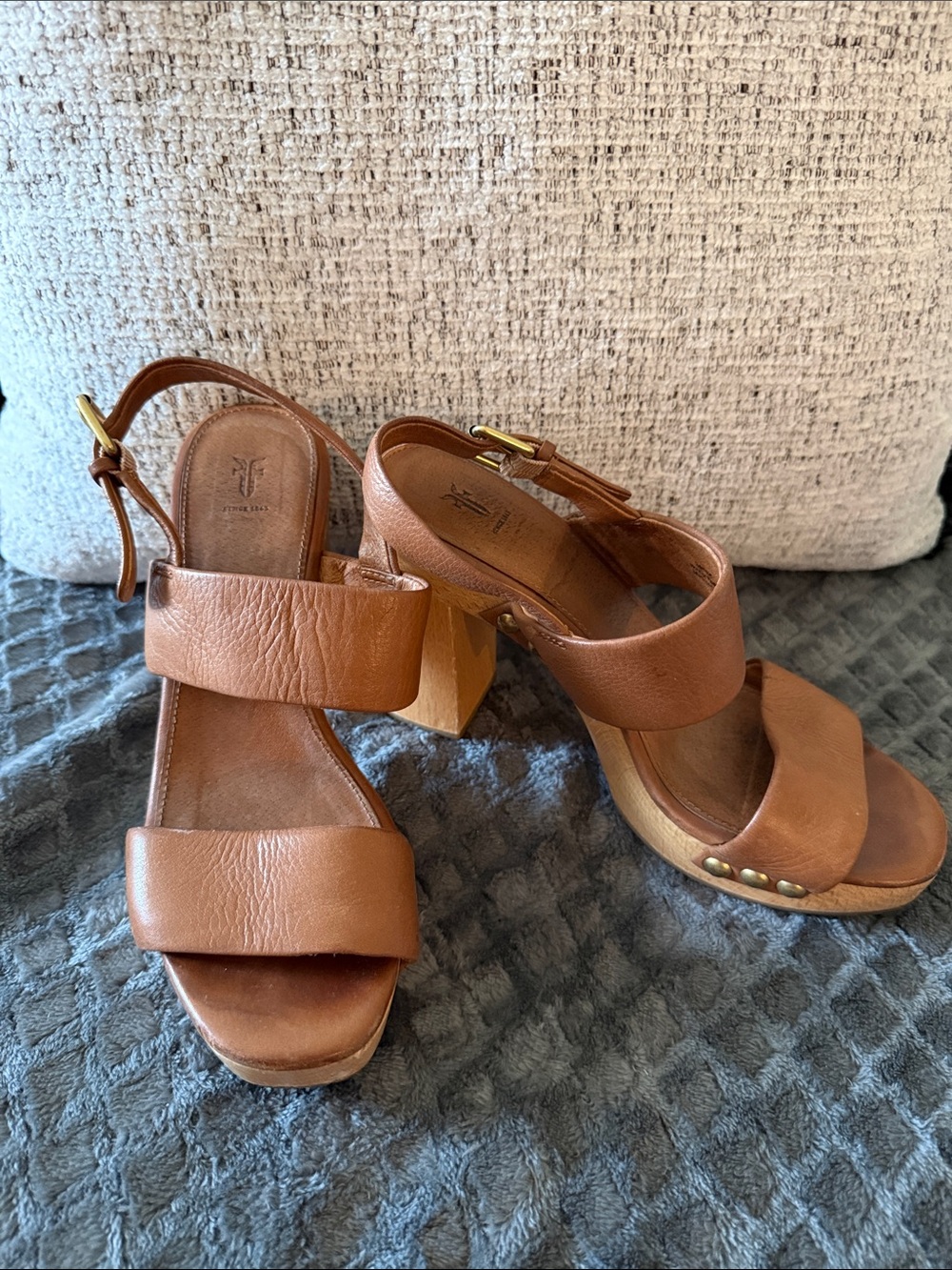 Frye Tan Leather Platform Wedge Sandals